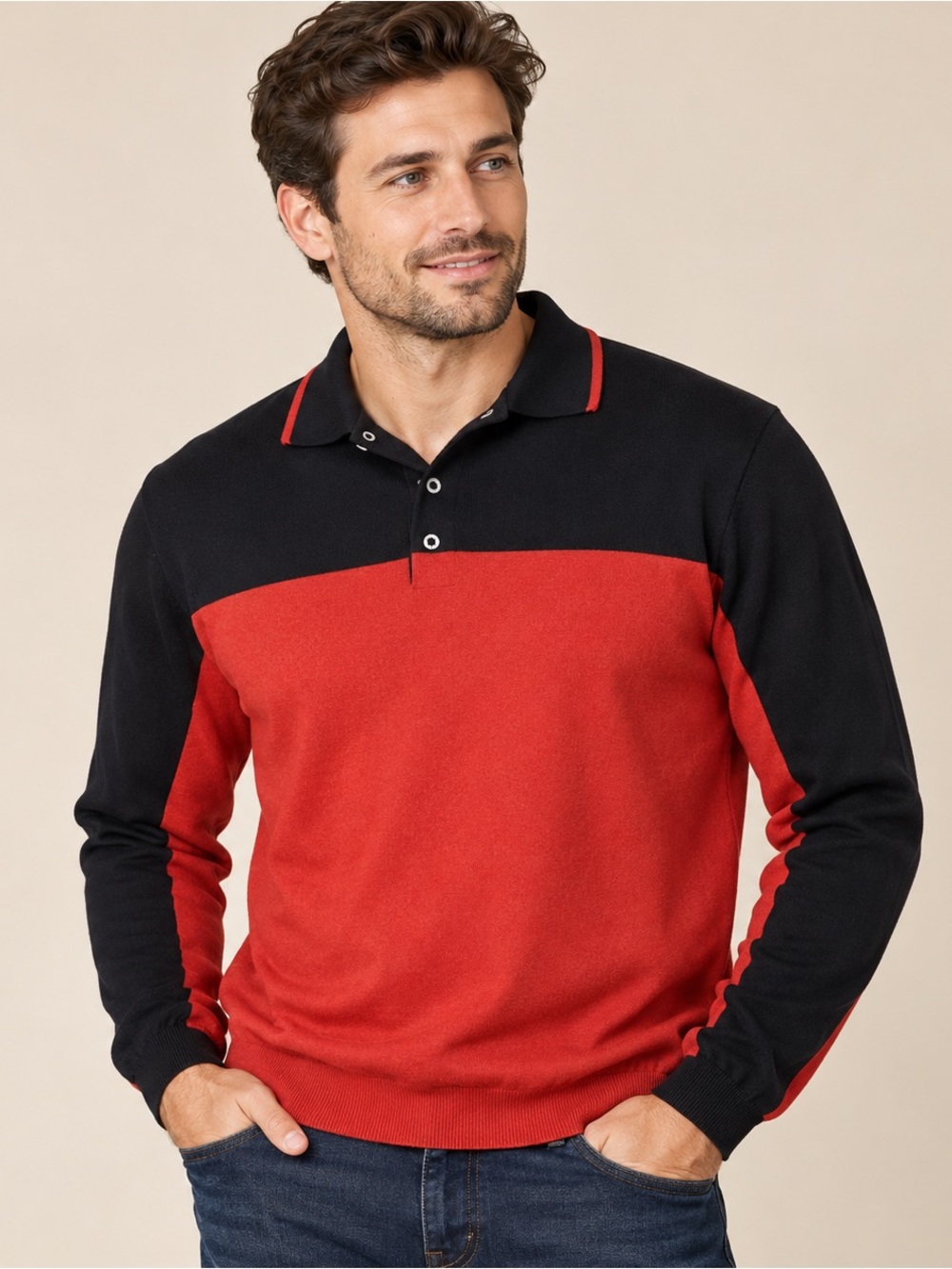 RNT23 Ron Tomson Mens XL Polo Sweater Red Black Colorblock Pullover